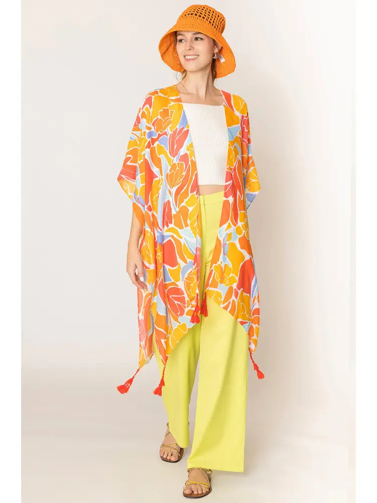 Floral Print Kimono with Tassels