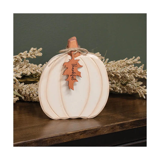 Hand Carved Wooden Thankful Pumpkin Sitter