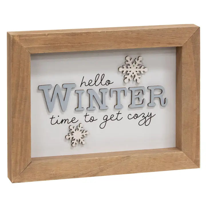 Hello Winter Get Cozy Framed Snowflake sign