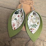 Olive Green and Floral Double Layered Leather Earrings