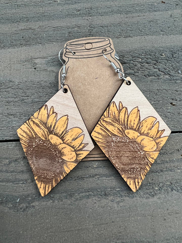 Mustard Yellow and Blue Poppy Doubled Layered Leather Earrings