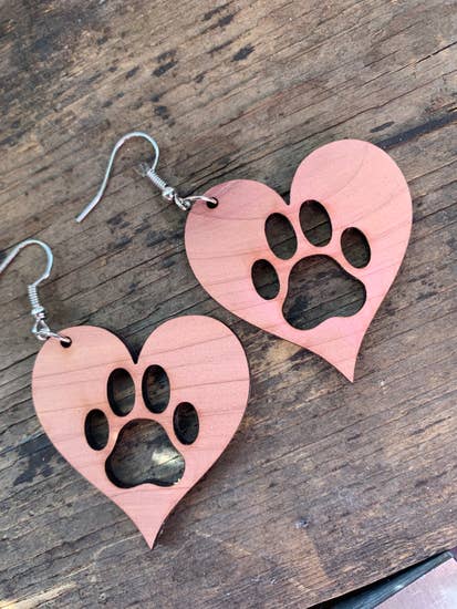 Heart Dog Paw Wood Earrings