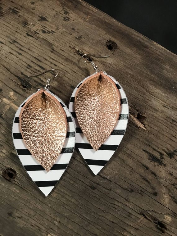 Rose Gold Leather Earrings with Black and White Stripes