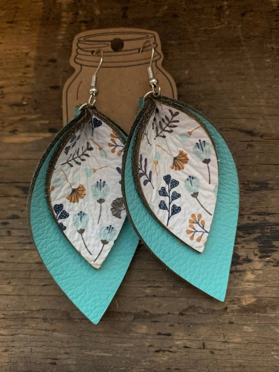 Turquoise Poppy Double Layered Leather Earrings