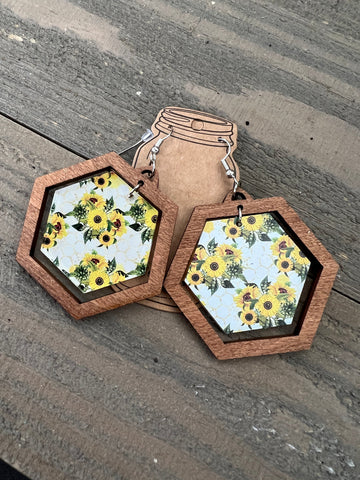 Mustard Yellow and Blue Poppy Doubled Layered Leather Earrings
